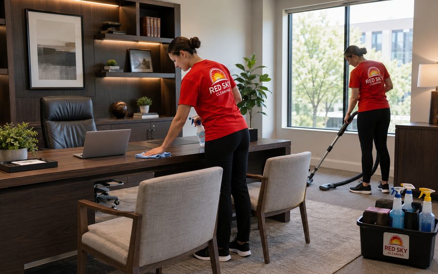 Private executive office being dusted and vacuumed