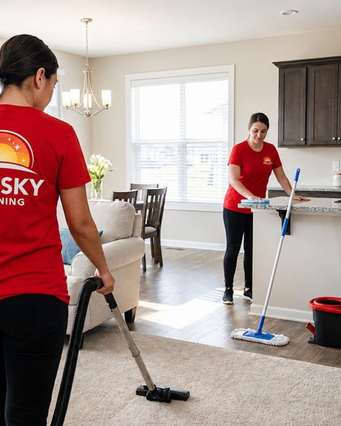Two Red Sky cleaners preparing a home, one vacuuming, one mopping the kitchen.
