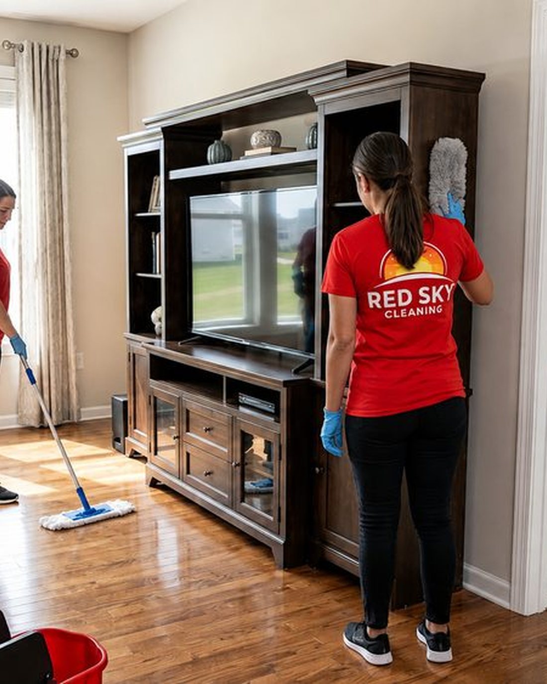 A Red Sky cleaner vacuuming a living room during a standard visit.