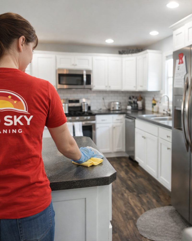 A short-term rental kitchen being reset between guests.