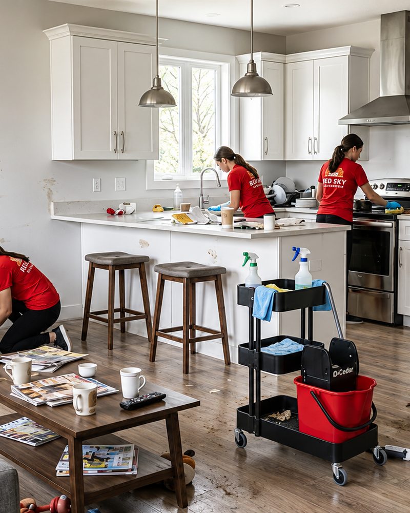 Red Sky crew deep cleaning an Atlanta kitchen and living area