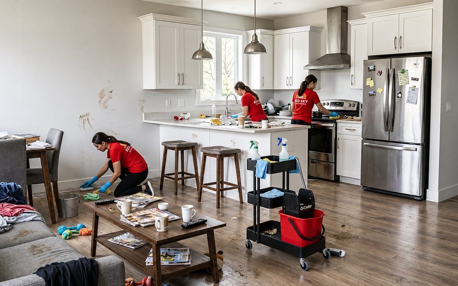 Red Sky crew deep cleaning an Atlanta kitchen and living area